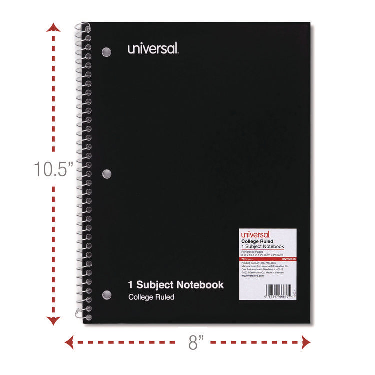 Wirebound Notebook, 1-Subject, Medium/College Rule, Black Cover, (70) 10.5 x 8 Sheets