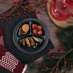 Quiet Classic Laminated Foam Dinnerware, 3-Compartment Plate, 9" dia, Black, 125/Sleeve, 4 Sleeves/Carton