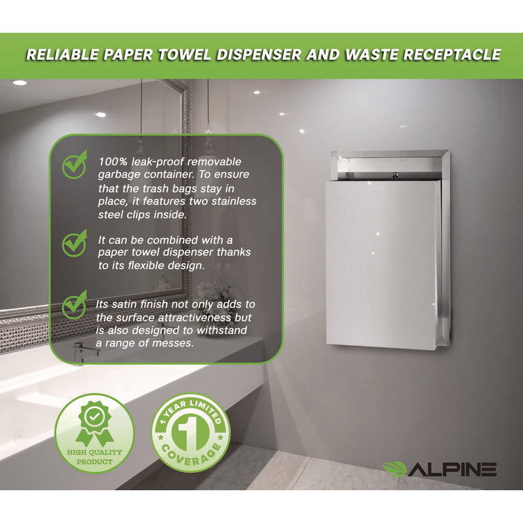 Stainless Steel Recessed 12 Gal Leak-Proof Waste Receptacle, Brushed Stainless Steel