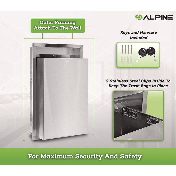 Stainless Steel Recessed 12 Gal Leak-Proof Waste Receptacle, Brushed Stainless Steel