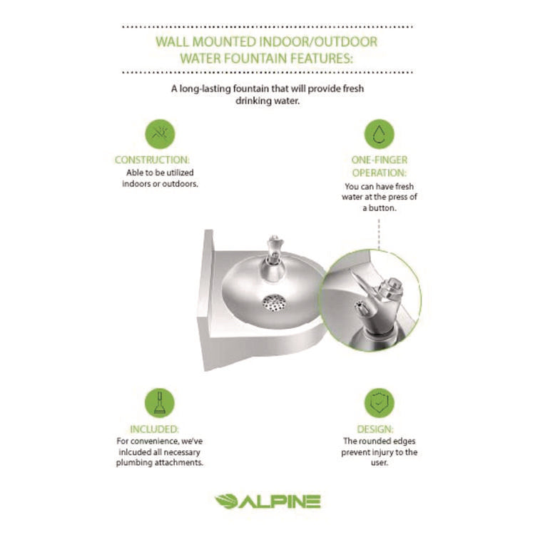 Wall-Mounted Indoor/Outdoor Water Fountain, Single-Level, Non-Filtered, Non-Refrigerated, Silver