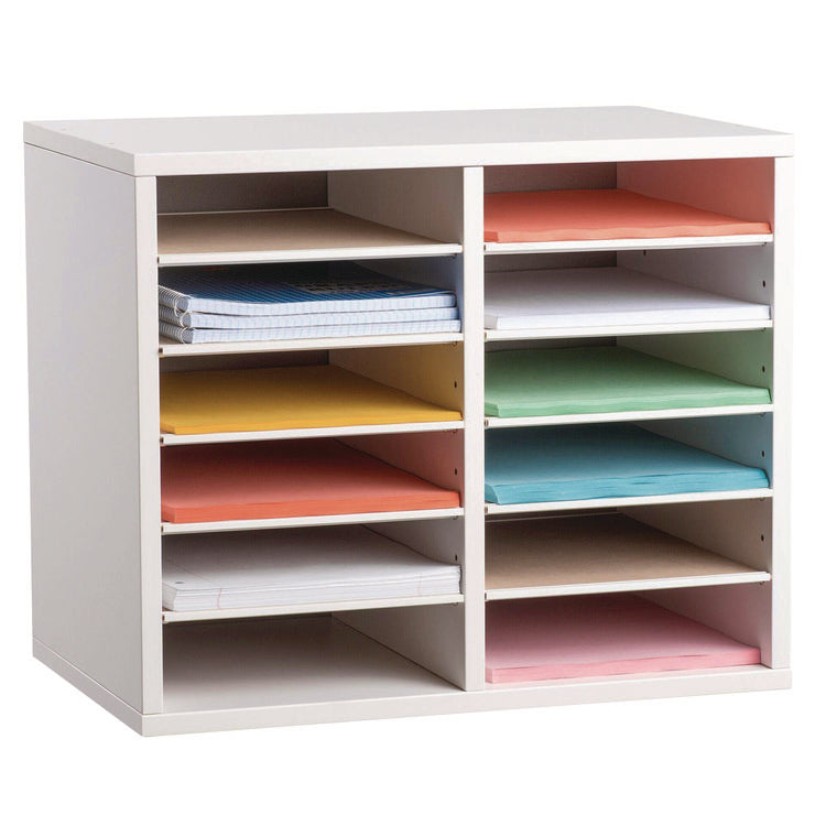 Wood Adjustable 12 Compartment Literature Organizer, 12 Sections, Letter Size, 20 x 11.8 x 16.3, White