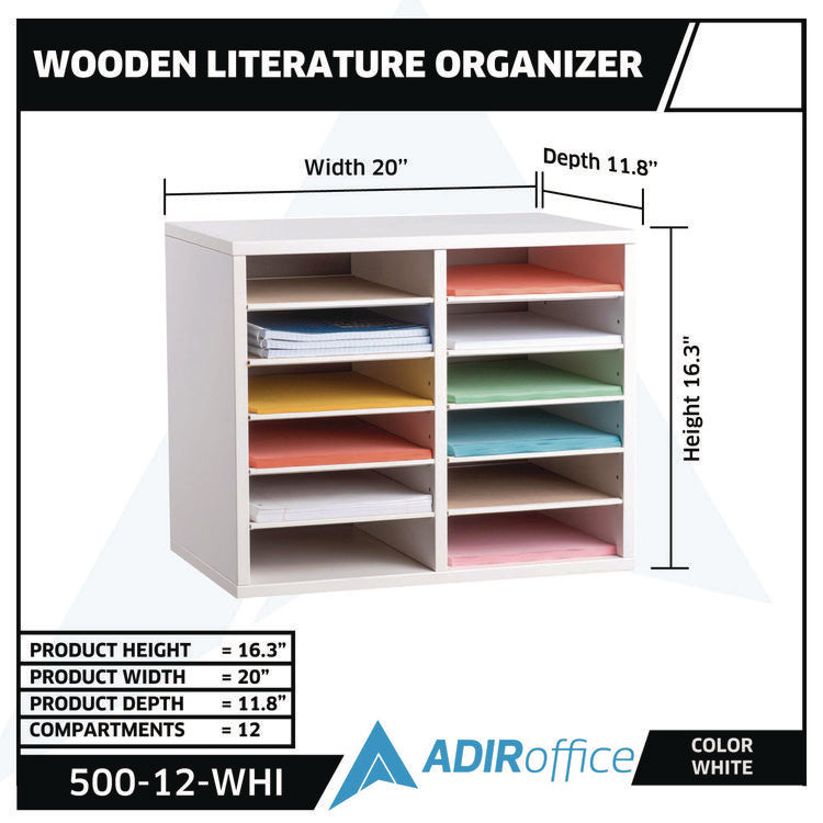 Wood Adjustable 12 Compartment Literature Organizer, 12 Sections, Letter Size, 20 x 11.8 x 16.3, White
