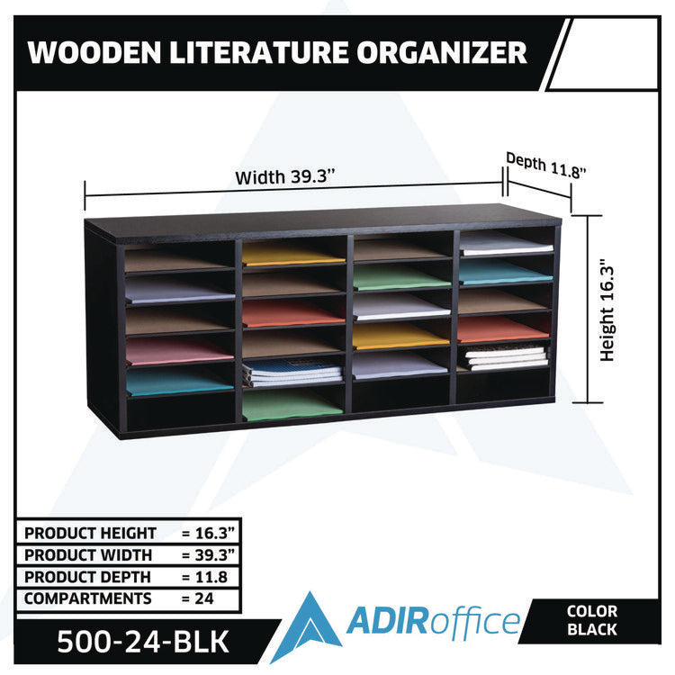 Wood Adjustable 24 Compartment Literature Organizer, 24 Sections, Letter Size, 39.3 x 11.8 x 16.3, Black