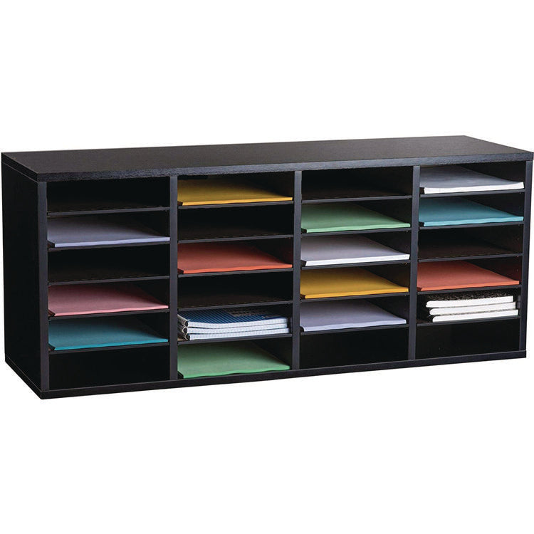 Wood Adjustable 24 Compartment Literature Organizer, 24 Sections, Letter Size, 39.3 x 11.8 x 16.3, Black