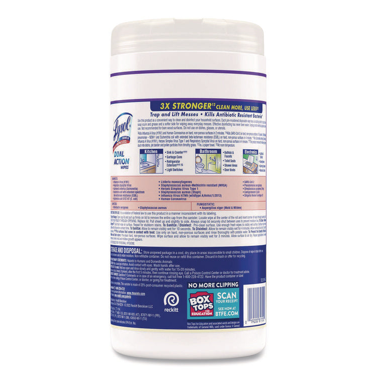 Dual Action Disinfecting Wipes, 1-Ply, 7 x 7.5, Citrus, White/Purple, 75/Canister