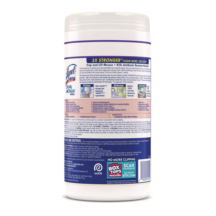 Dual Action Disinfecting Wipes, 1-Ply, 7 x 7.5, Citrus, White/Purple, 75/Canister, 6 Canisters/Carton