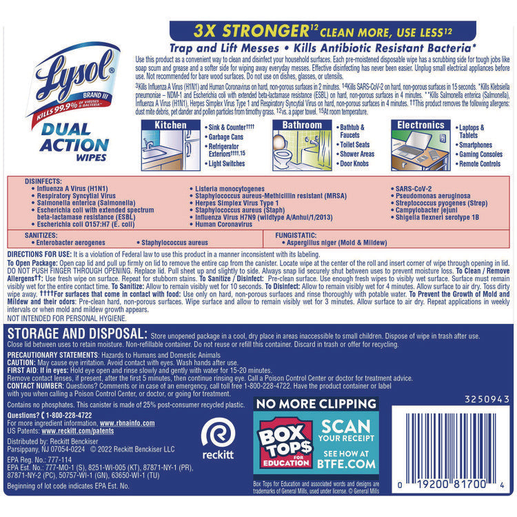 Dual Action Disinfecting Wipes, 1-Ply, 7 x 7.5, Citrus, White/Purple, 75/Canister, 6 Canisters/Carton