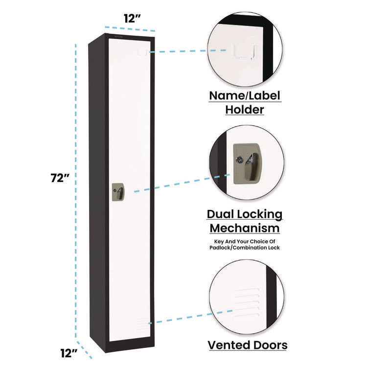 Steel Storage Locker, 1 Compartment, 12 x 12 x 72, Black Body/White Doors