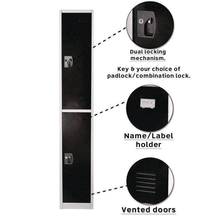 Steel Storage Locker, 2 Compartment, 12 x 12 x 72, Black