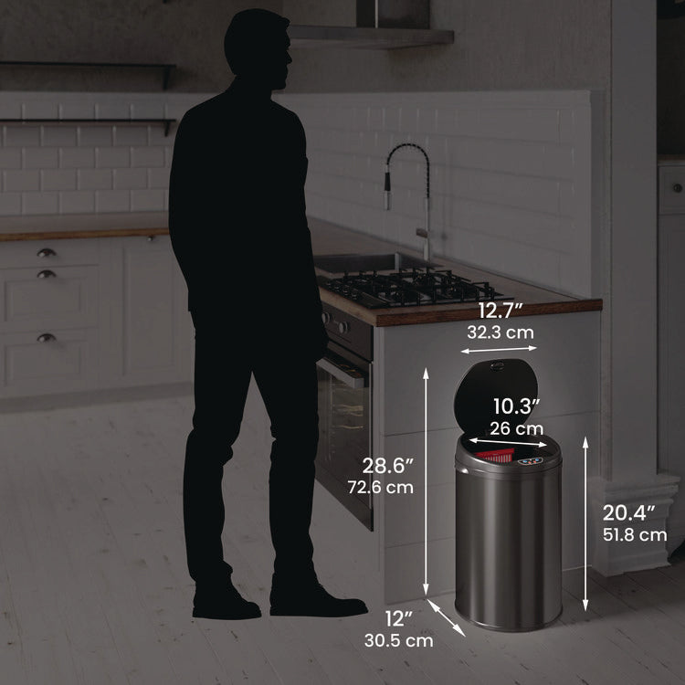 Sensor Trash Can, 8 gal, Plastic/Stainless Steel, Black