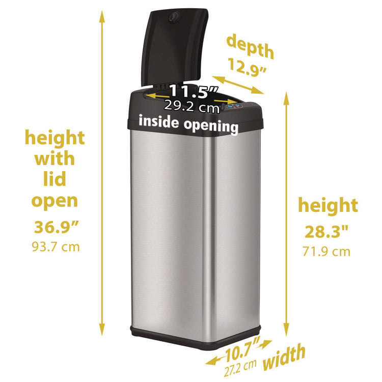 Sensor Trash Can, Rectangular, 13 gal, Plastic/Stainless Steel, Silver