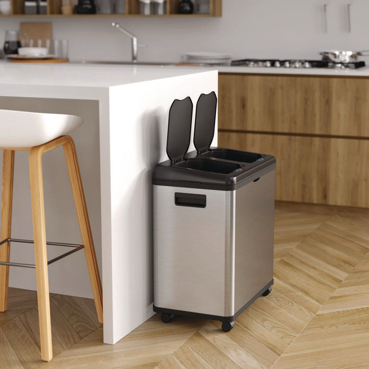 Dual Compartment Sensor Recycle Bin and Trash Can with Wheels, 16 gal, Plastic/Stainless Steel, Silver/Black