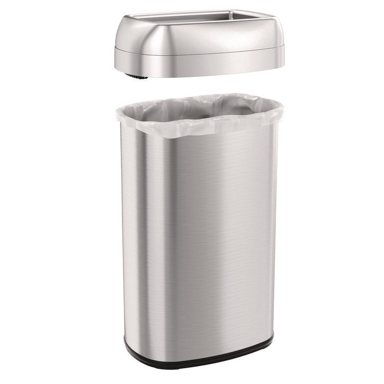 Open Top Trash Can, Oval, 16 gal, Plastic/Stainless Steel, Silver