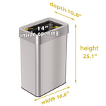 Open Top Trash Can, Rectangular, 16 gal, Plastic/Stainless Steel, Silver