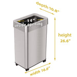 Open Top Trash Can with Wheels, Rectangular, 16 gal, Plastic/Stainless Steel, Silver