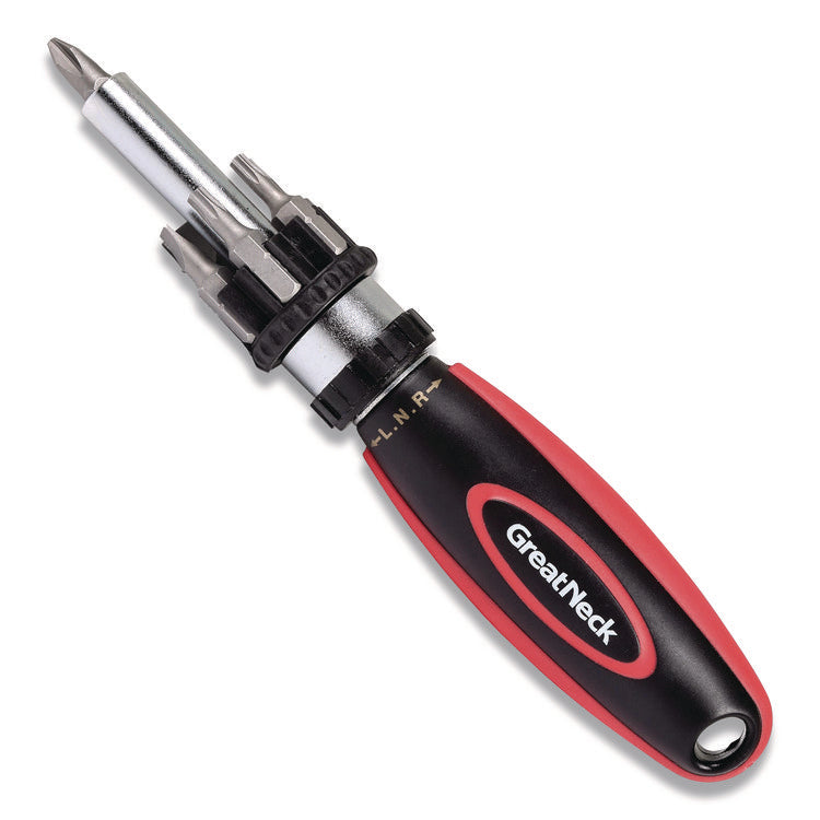 Ratcheting Screw/Nut Driver Set, Phillips/Slotted/Star Bits, 7" Long, Black/Red