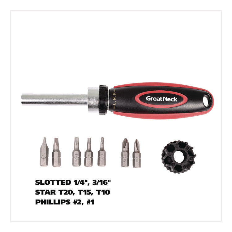 Ratcheting Screw/Nut Driver Set, Phillips/Slotted/Star Bits, 7" Long, Black/Red