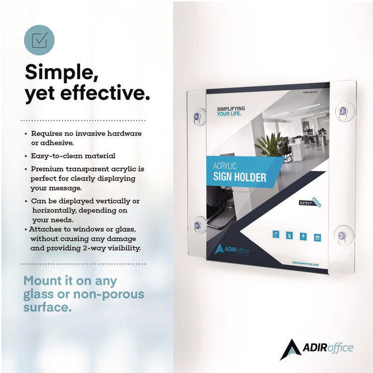 Clear Suction Acrylic Window Sign Holder, 8 x 11, Clear Frame, 2/Pack