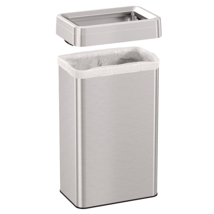 Open Top Trash Can, Rectangular, 18 gal, Plastic/Stainless Steel, Silver