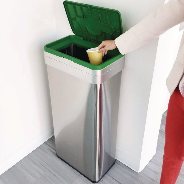 Open Top Compost Bin with Color-Coded Lid, 21 gal, Plastic/Stainless Steel, Silver/Green
