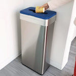 Open Top Recycle Bin with Color-Coded Lid, 21 gal, Plastic/Stainless Steel, Silver/Blue