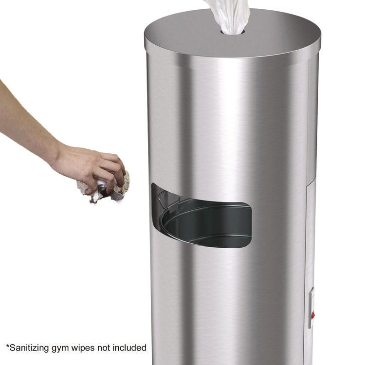 Side-Entry Trash Can with Gym Wipe Dispenser, 9 gal, Stainless Steel, Silver