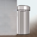 Open Top Trash Can, Half-Round, 18 gal, Plastic/Stainless Steel, Silver