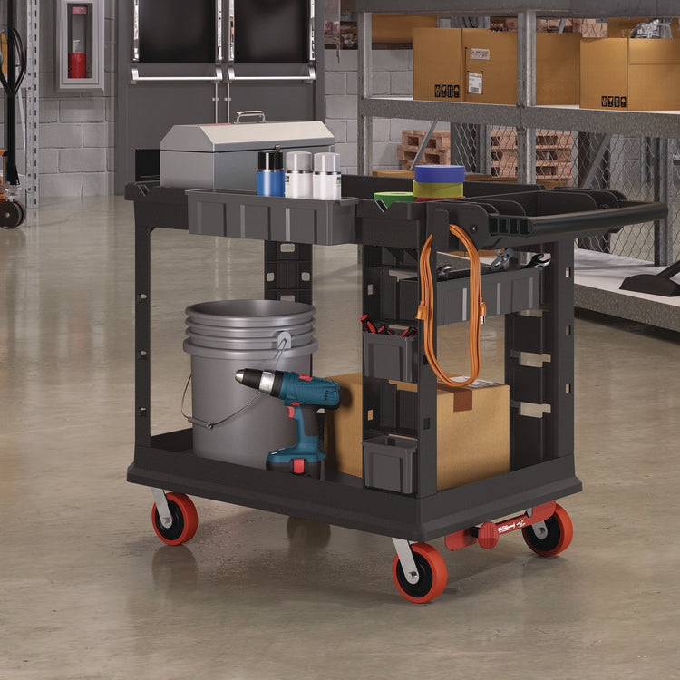 Heavy Duty Plus Utility Cart, Plastic, 2 Shelves, 6 Bins, Capacity, 26.5" x 48.78" x 34.81", Black