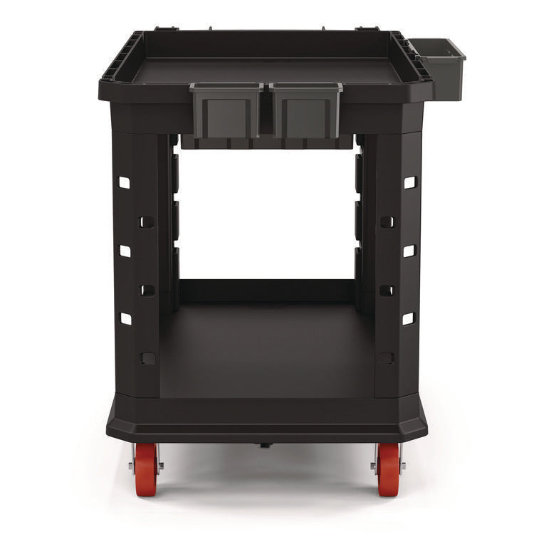 Heavy Duty Plus Utility Cart, Plastic, 2 Shelves, 6 Bins, Capacity, 26.5" x 48.78" x 34.81", Black