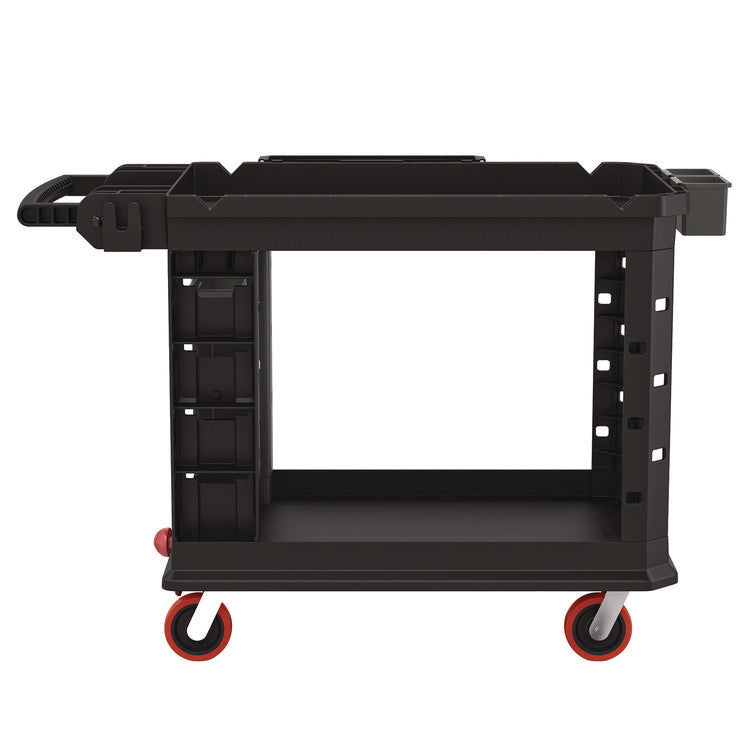 Heavy Duty Plus Utility Cart, Plastic, 2 Shelves, 6 Bins, Capacity, 26.5" x 48.78" x 34.81", Black