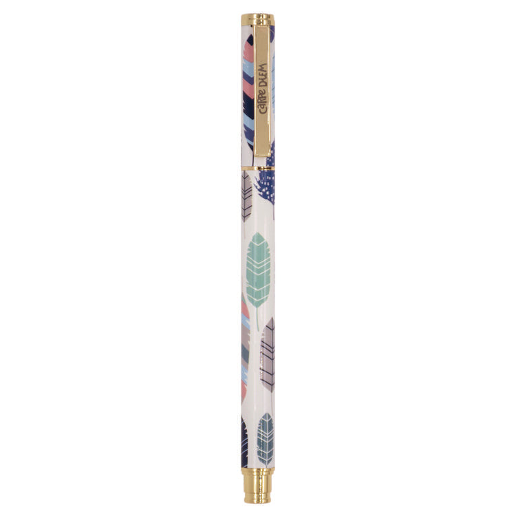 Carpe Diem Metal Gel Pen, Stick, Medium 0.7 mm, Black Ink, White/Blue/Green Feather Barrel, 6/Pack