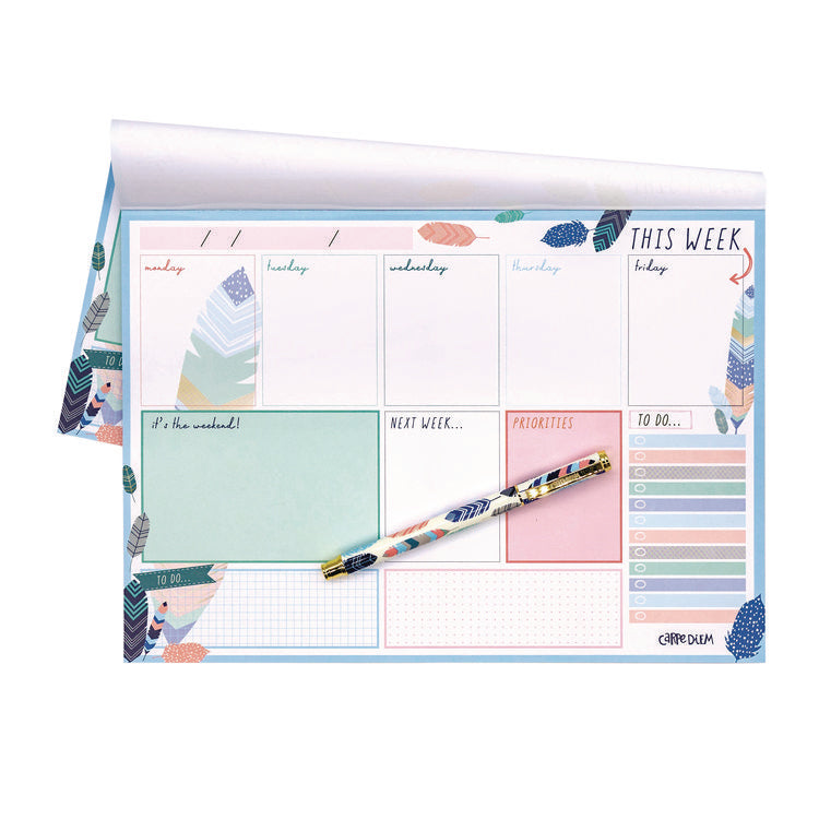 Weekly Planner Pad, Feathers, 11.7 x 8.3, Blue/Cream/Pink Cover, 12-Month, Undated, 6/Pack