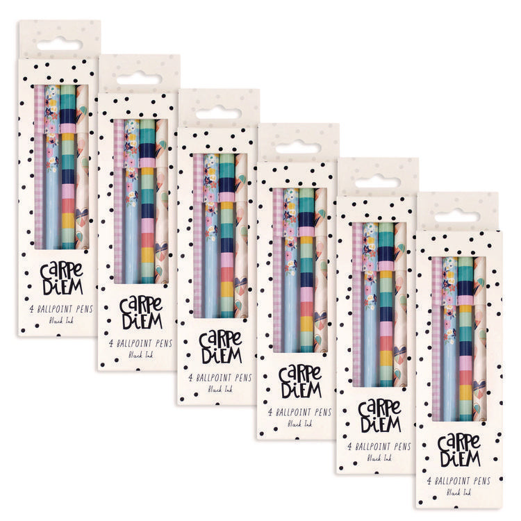 Carpe Diem Ballpoint Pen, Stick, Medium 0.7 mm, Black Ink, Assorted Ditzy Floral Barrel Patterns 4 Pens/Pack, 6 Packs/Box
