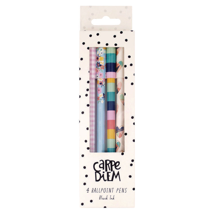 Carpe Diem Ballpoint Pen, Stick, Medium 0.7 mm, Black Ink, Assorted Ditzy Floral Barrel Patterns 4 Pens/Pack, 6 Packs/Box