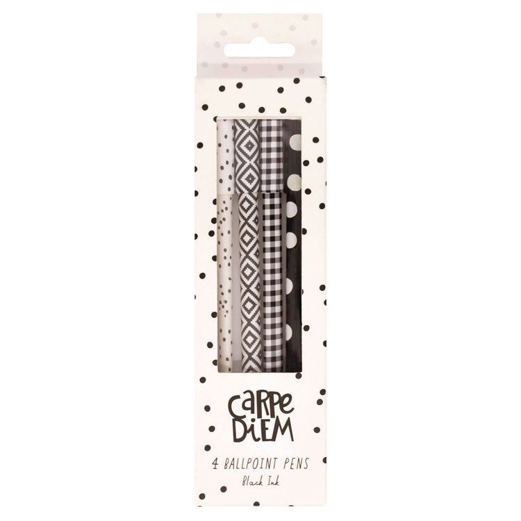 Carpe Diem Ballpoint Pen, Stick, Medium 0.7 mm, Black Ink, Assorted Geometric Barrel Patterns, 4 Pens/Pack, 6 Packs/Box