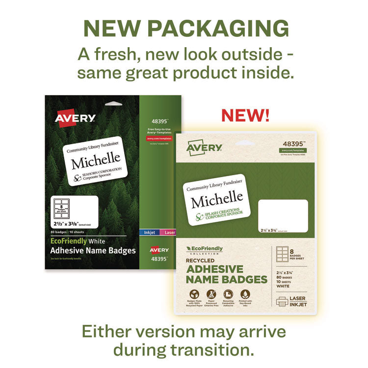 Ecofriendly Adhesive Name Badge Labels, 3.38 X 2.33, White, 80/pack