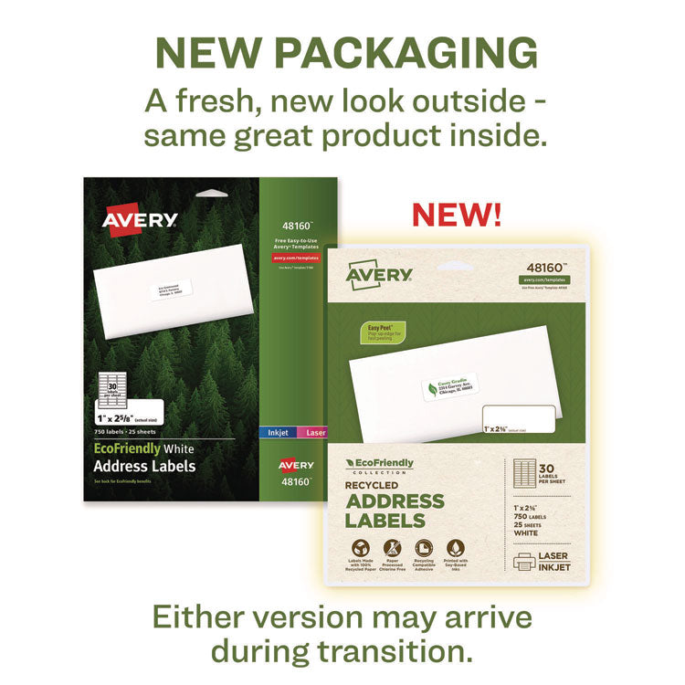 Ecofriendly Mailing Labels, Inkjet/laser Printers, 1 X 2.63, White, 30/sheet, 25 Sheets/pack