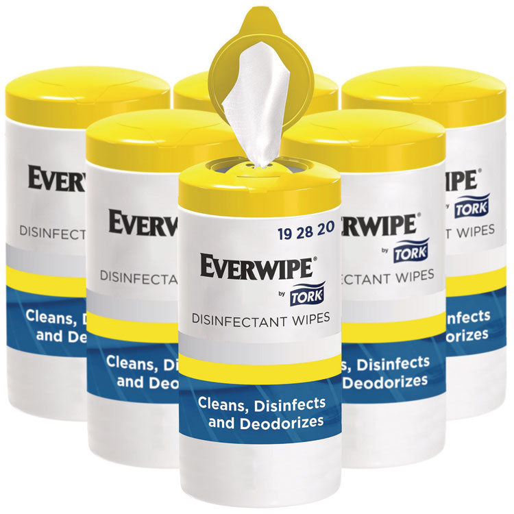 Disinfectant Wipe Canisters, 1-Ply, 7 x 7, Lemon, White, 75 Sheets/Canister, 6/Carton