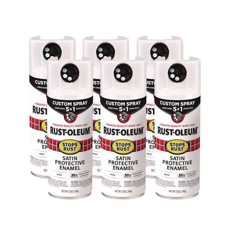 Stops Rust 5-in-1 Spray Paint, Satin White, 12 oz Aerosol Can, 6/Carton