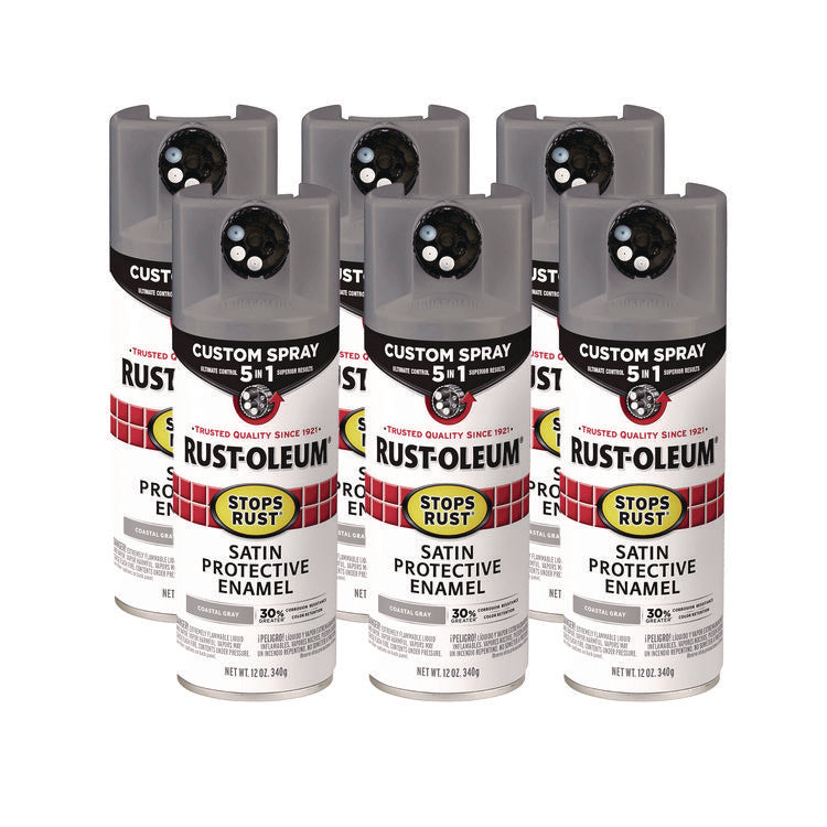 Stops Rust 5-in-1 Spray Paint, Satin Coastal Gray, 12 oz Aerosol Can, 6/Carton