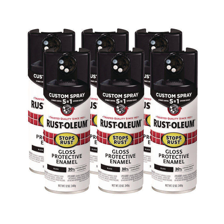 Stops Rust 5-in-1 Spray Paint, Gloss Black, 12 oz Aerosol Can, 6/Carton