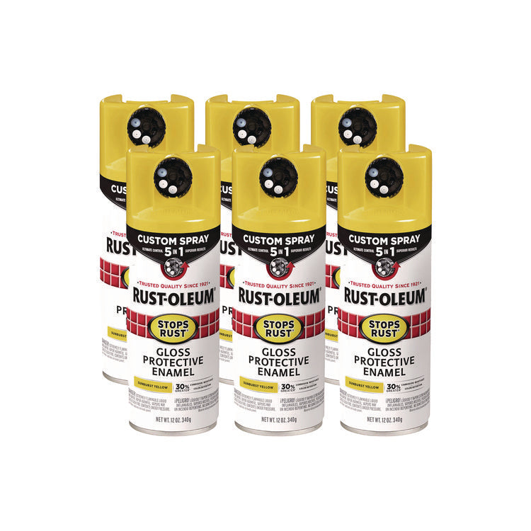 Stops Rust 5-in-1 Spray Paint, Gloss Sunburst Yellow, 12 oz Aerosol Can, 6/Carton