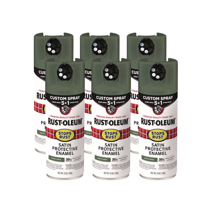 Stops Rust 5-in-1 Spray Paint, Satin Earthy Green, 12 oz Aerosol Can, 6/Carton