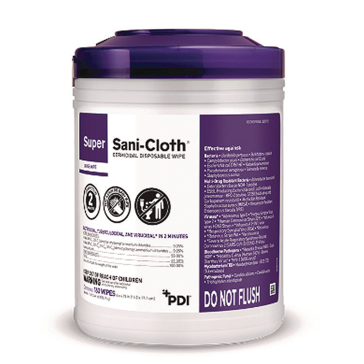 Super Sani-Cloth Germicidal Disposable Wipes, 1-Ply, 6 x 6.75, Unscented, White, 160/Canister, 12 Canisters/Carton