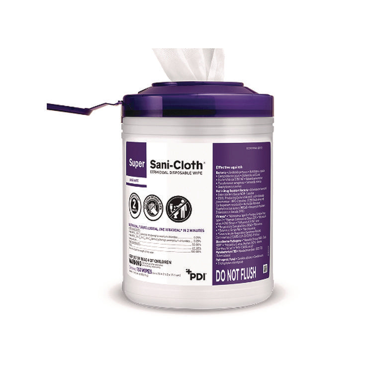 Super Sani-Cloth Germicidal Disposable Wipes, 1-Ply, 6 x 6.75, Unscented, White, 160/Canister, 12 Canisters/Carton