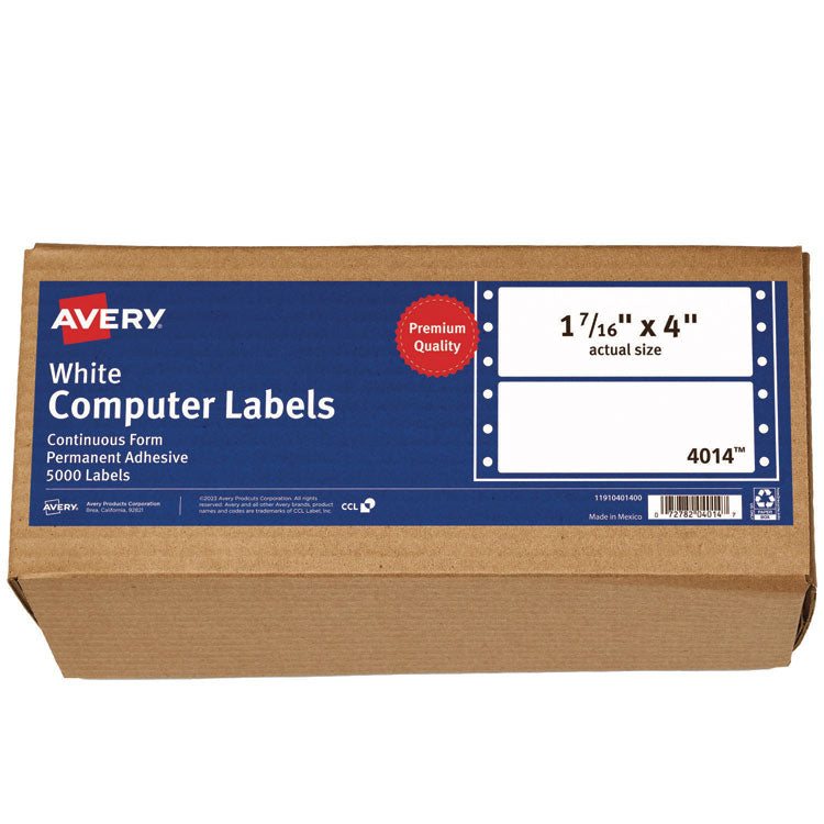 Dot Matrix Printer Mailing Labels, Pin-Fed Printers, 1.44 X 4, White, 5,000/box