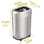 Open Top Trash Can with Wheels, Oval, 13 gal, Plastic/Stainless Steel, Silver