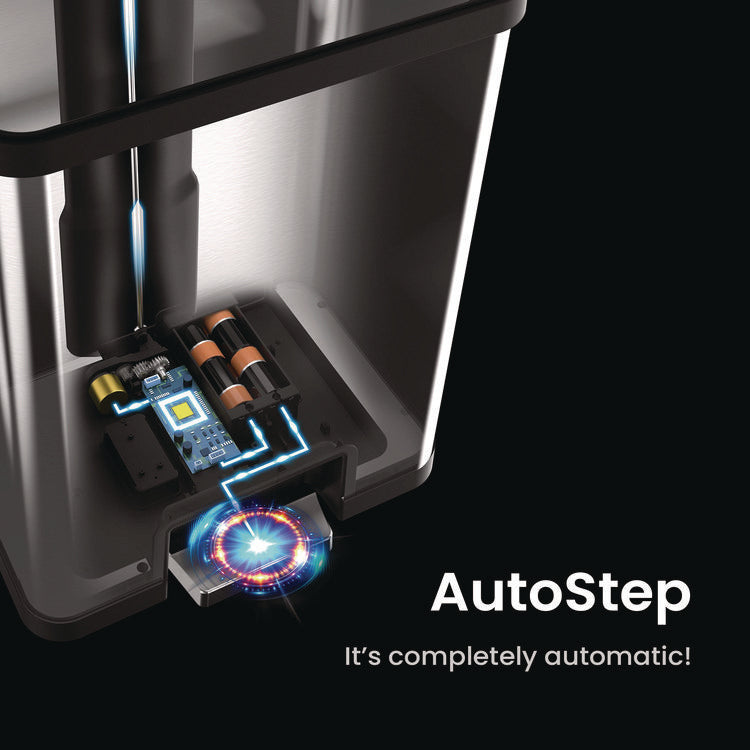 Step Pedal-Sensor Trash Can, 13 gal, Plastic/Stainless Steel, Silver/White