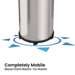 Open Top Trash Can with Wheels, Round, 16 gal, Plastic/Stainless Steel, Silver